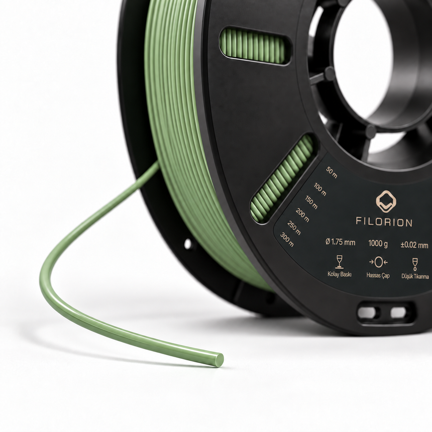 Filorion Reference PET-G Fıstık yeşili, 1.75 mm, 1 kg — makara ve filament ucu yakın görünümü