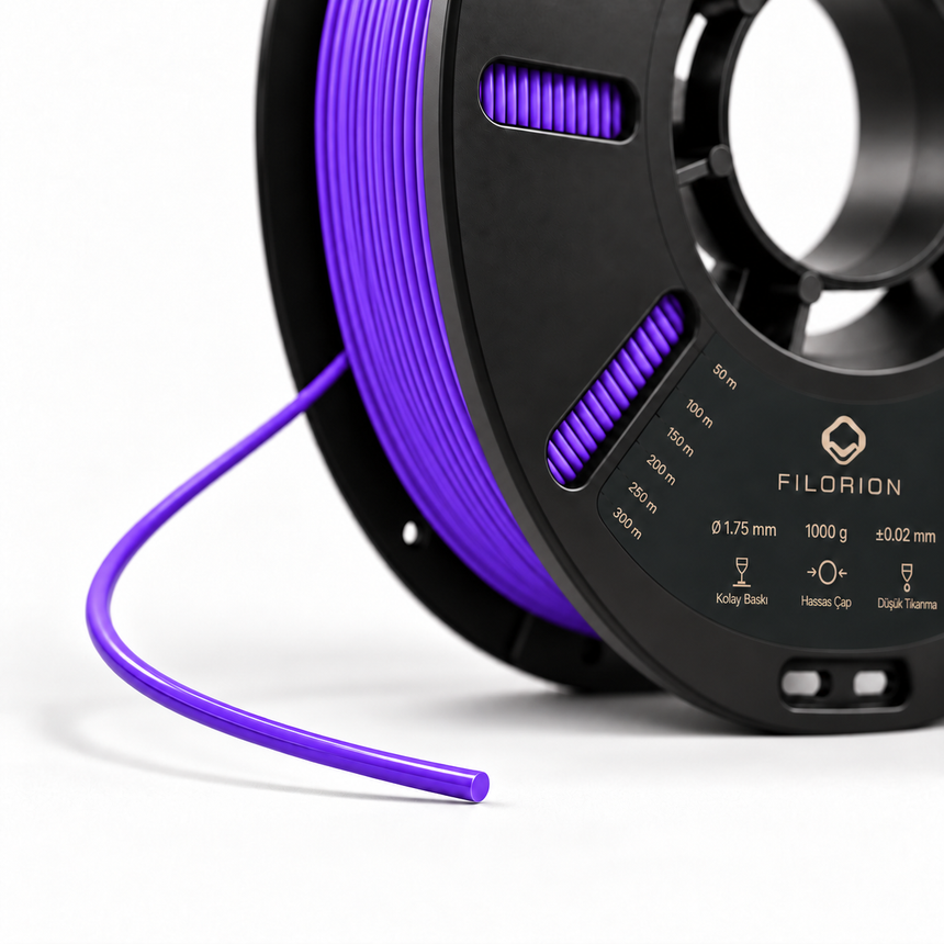 Filorion Reference PET-G Mor, 1.75 mm, 1 kg — makara ve filament ucu yakın görünümü
