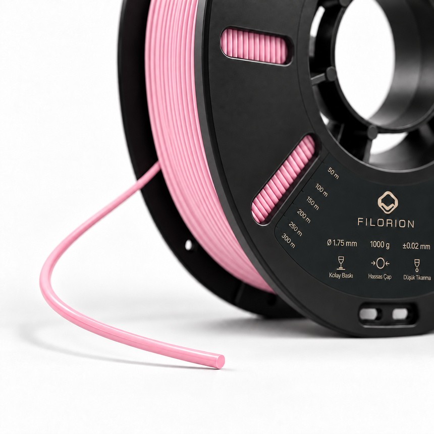 Filorion Reference PLA Pro Pastel Pembe, 1.75 mm, 1 kg — makara ve filament ucu yakın görünümü