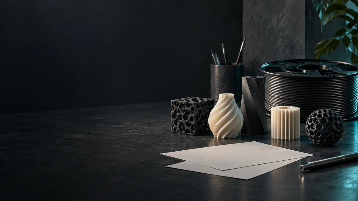 Filament ve teknik değerlendirme parçalarıyla temsili profesyonel çalışma masası