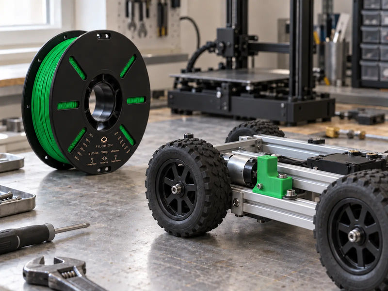 Robotik atölyesinde çalışma tezgâhı; basılmış parçalar ve filament makarası