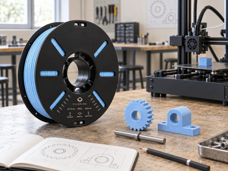 Eğitim laboratuvarında 3D yazıcı ve pastel mavi filamentle basılmış parça