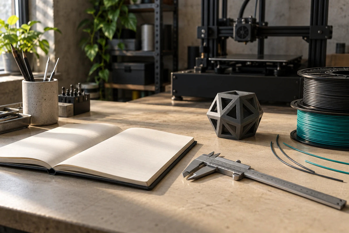 Atölye masasında 3D baskı hazırlığı için defter, kumpas ve nötr parça içeren temsili sahne