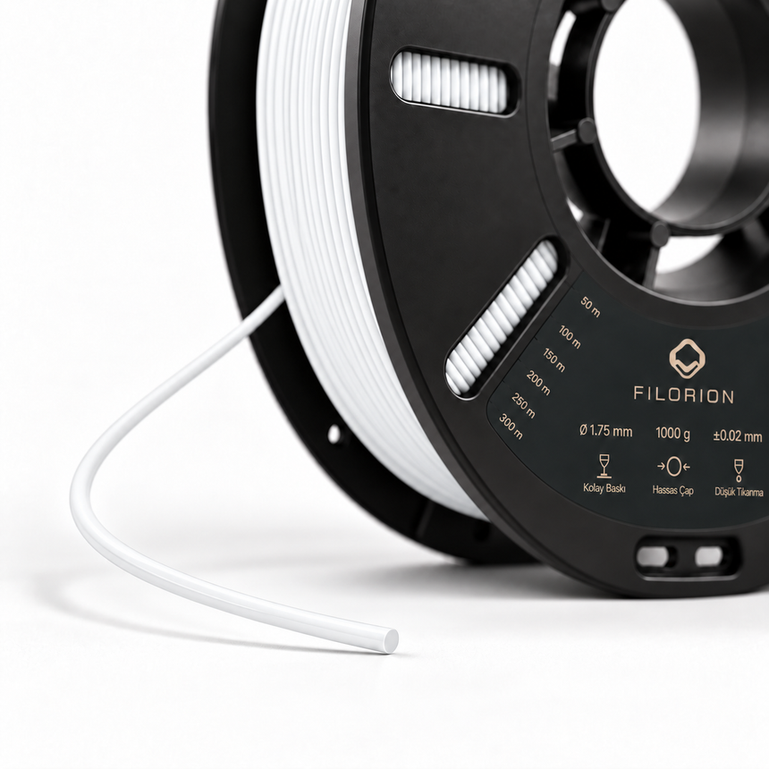 Filorion Reference HS ABS Beyaz, 1.75 mm, 1 kg — makara ve filament ucu yakın görünümü