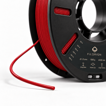 Filorion Reference HS ABS Kırmızı, 1.75 mm, 1 kg — makara ve filament ucu yakın görünümü