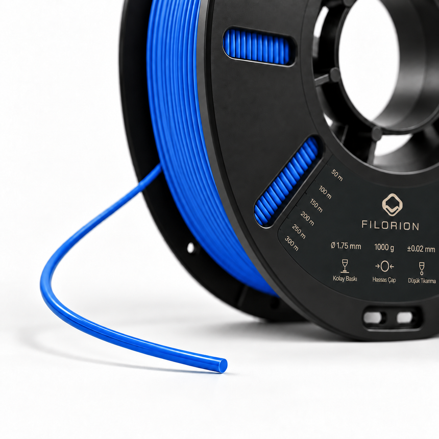 Filorion Reference HS ABS Mavi, 1.75 mm, 1 kg — makara ve filament ucu yakın görünümü