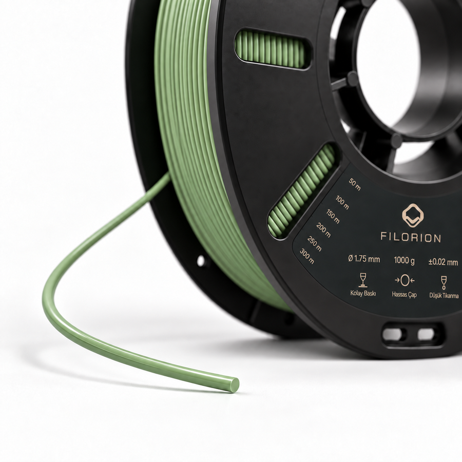 Filorion Reference PET-G Fıstık yeşili, 1.75 mm, 1 kg — makara ve filament ucu yakın görünümü