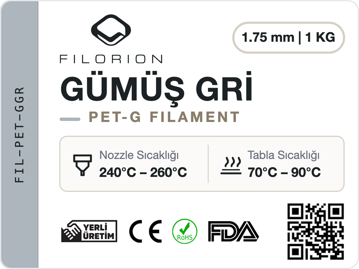 Filorion Reference PET-G Gümüş Gri, 1.75 mm, 1 kg — ürün etiketi