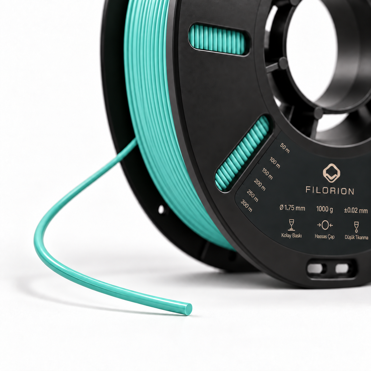 Filorion Reference PET-G Su Yeşili, 1.75 mm, 1 kg — makara ve filament ucu yakın görünümü