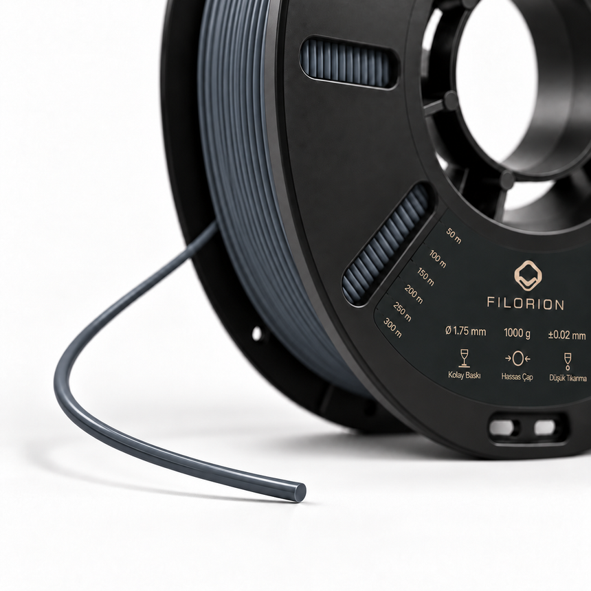 Filorion Reference PLA Pro Antrasit, 1.75 mm, 1 kg — makara ve filament ucu yakın görünümü