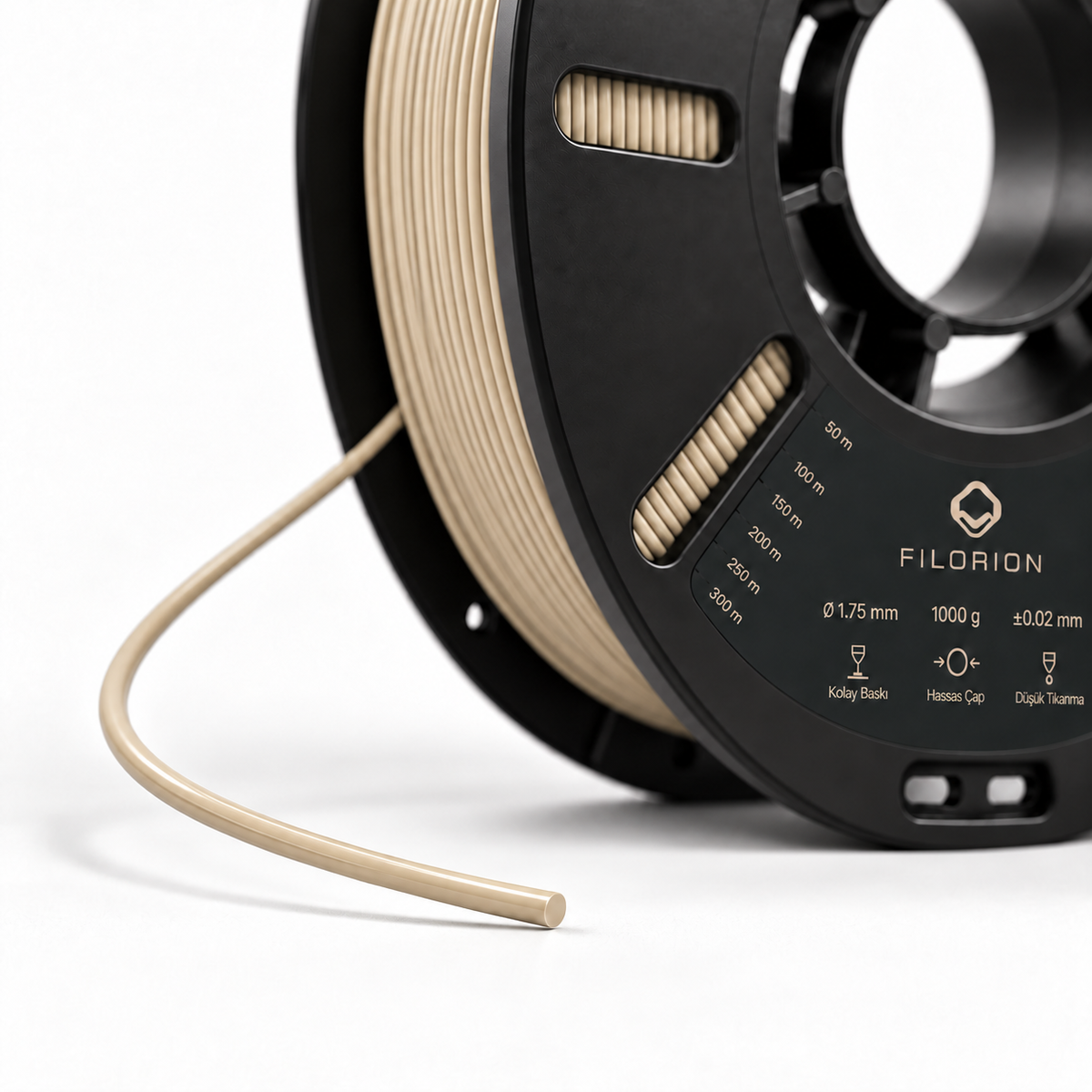 Filorion Reference PLA Pro Bej, 1.75 mm, 1 kg — makara ve filament ucu yakın görünümü
