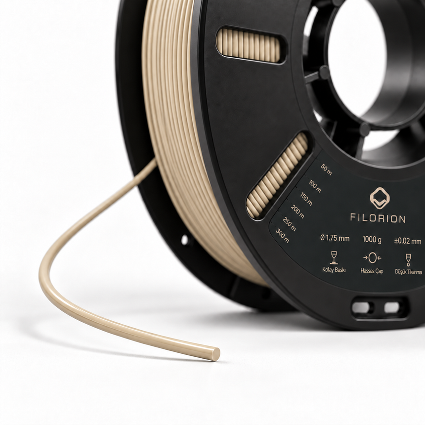 Filorion Reference PLA Pro Bej, 1.75 mm, 1 kg — makara ve filament ucu yakın görünümü