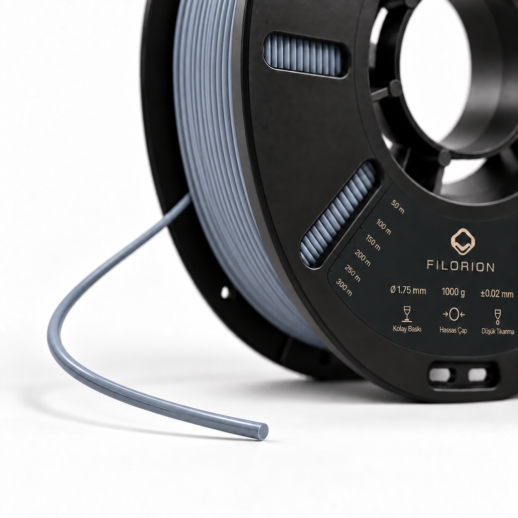 Filorion Reference PLA Pro Gri, 1.75 mm, 1 kg — makara ve filament ucu yakın görünümü