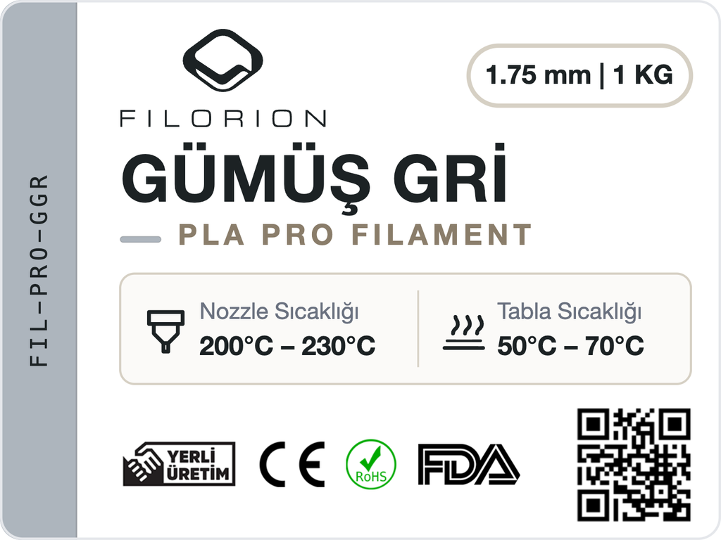 Filorion Reference PLA Pro Gümüş Gri, 1.75 mm, 1 kg — ürün etiketi