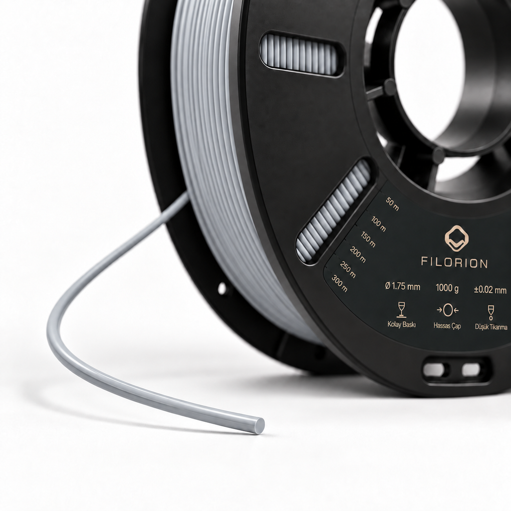 Filorion Reference PLA Pro Gümüş Gri, 1.75 mm, 1 kg — makara ve filament ucu yakın görünümü