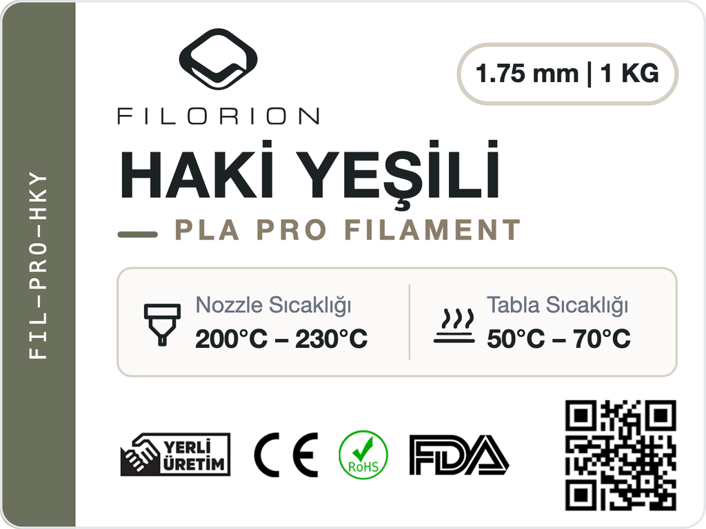 Filorion Reference PLA Pro Haki Yeşili, 1.75 mm, 1 kg — ürün etiketi