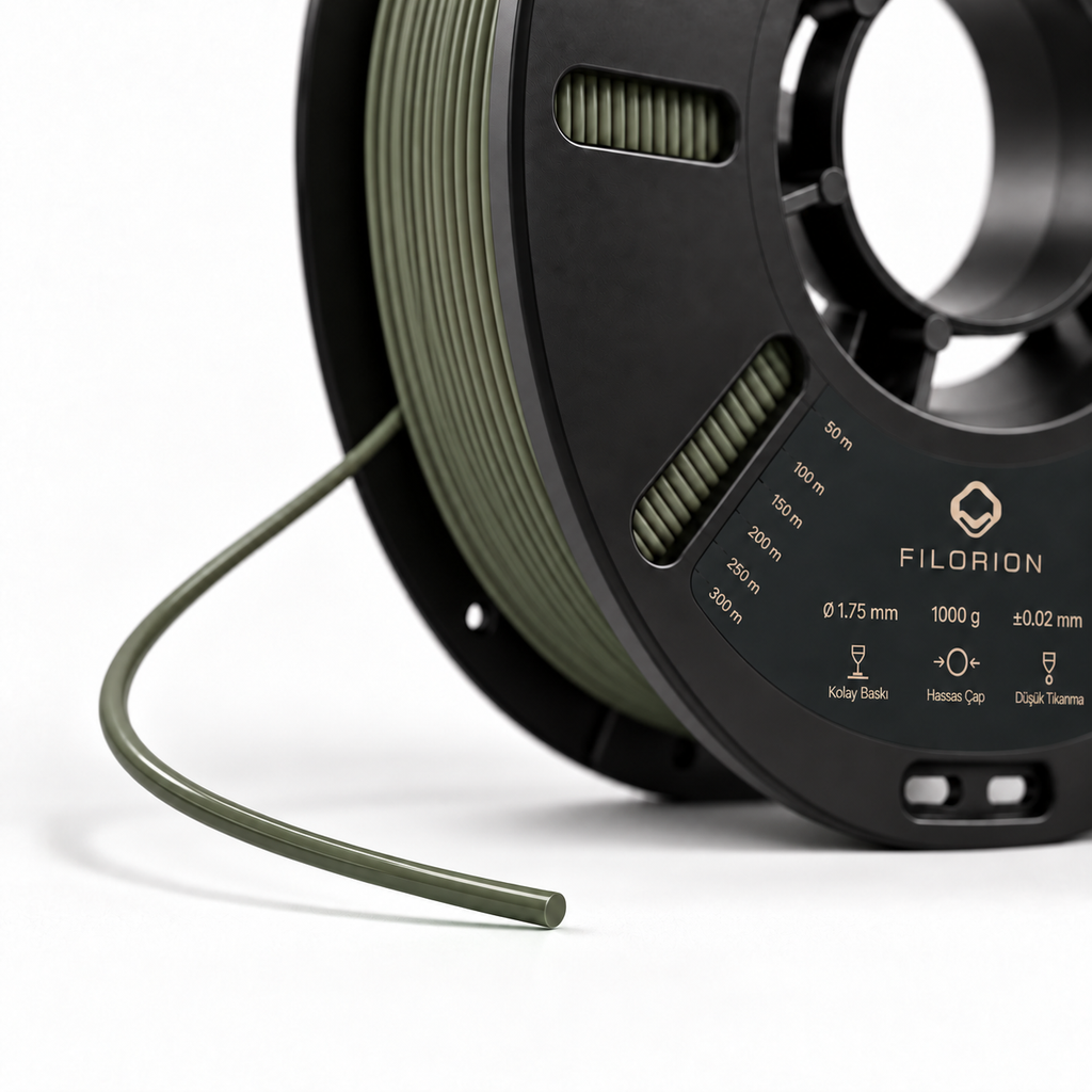 Filorion Reference PLA Pro Haki Yeşili, 1.75 mm, 1 kg — makara ve filament ucu yakın görünümü
