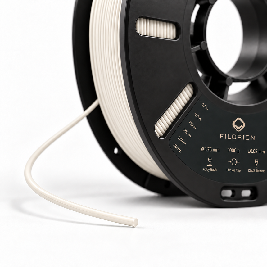 Filorion Reference PLA Pro İnci Beyaz, 1.75 mm, 1 kg — makara ve filament ucu yakın görünümü