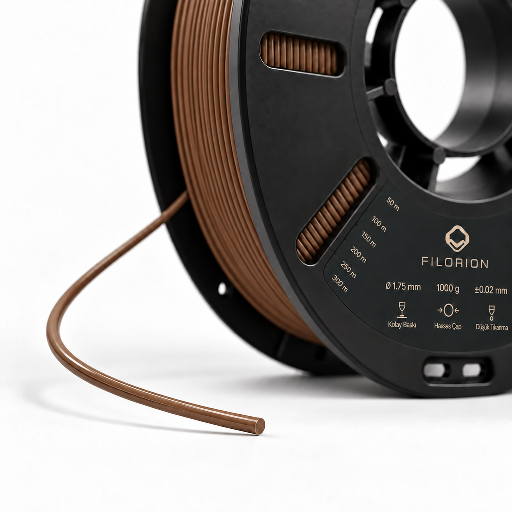 Filorion Reference PLA Pro Kahverengi, 1.75 mm, 1 kg — makara ve filament ucu yakın görünümü