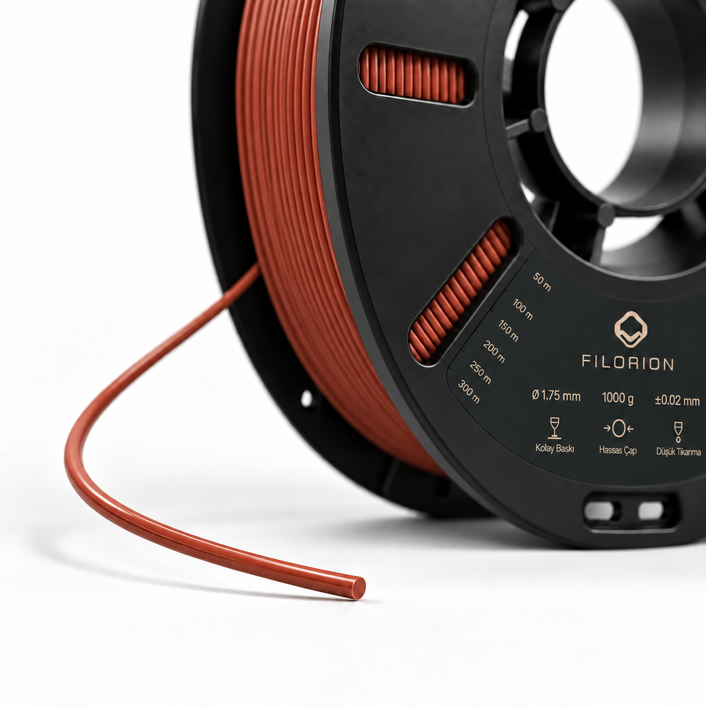 Filorion Reference PLA Pro Kiremit, 1.75 mm, 1 kg — makara ve filament ucu yakın görünümü