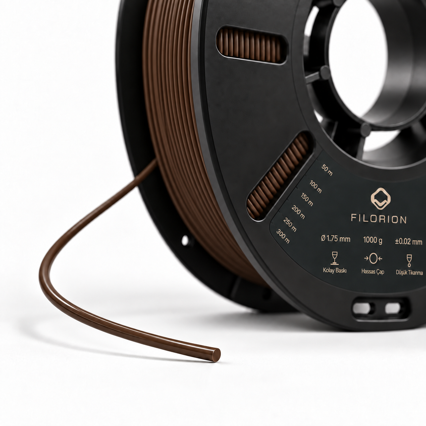 Filorion Reference PLA Pro Koyu Kahverengi, 1.75 mm, 1 kg — makara ve filament ucu yakın görünümü