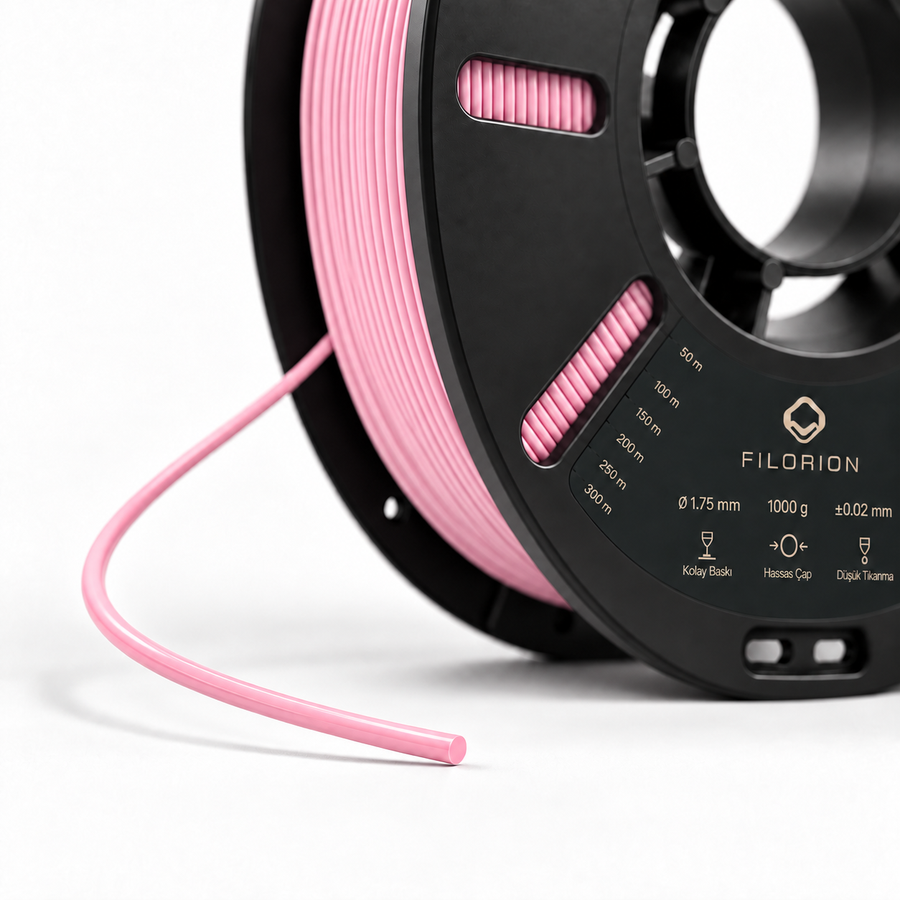 Filorion Reference PLA Pro Pastel Pembe, 1.75 mm, 1 kg — makara ve filament ucu yakın görünümü