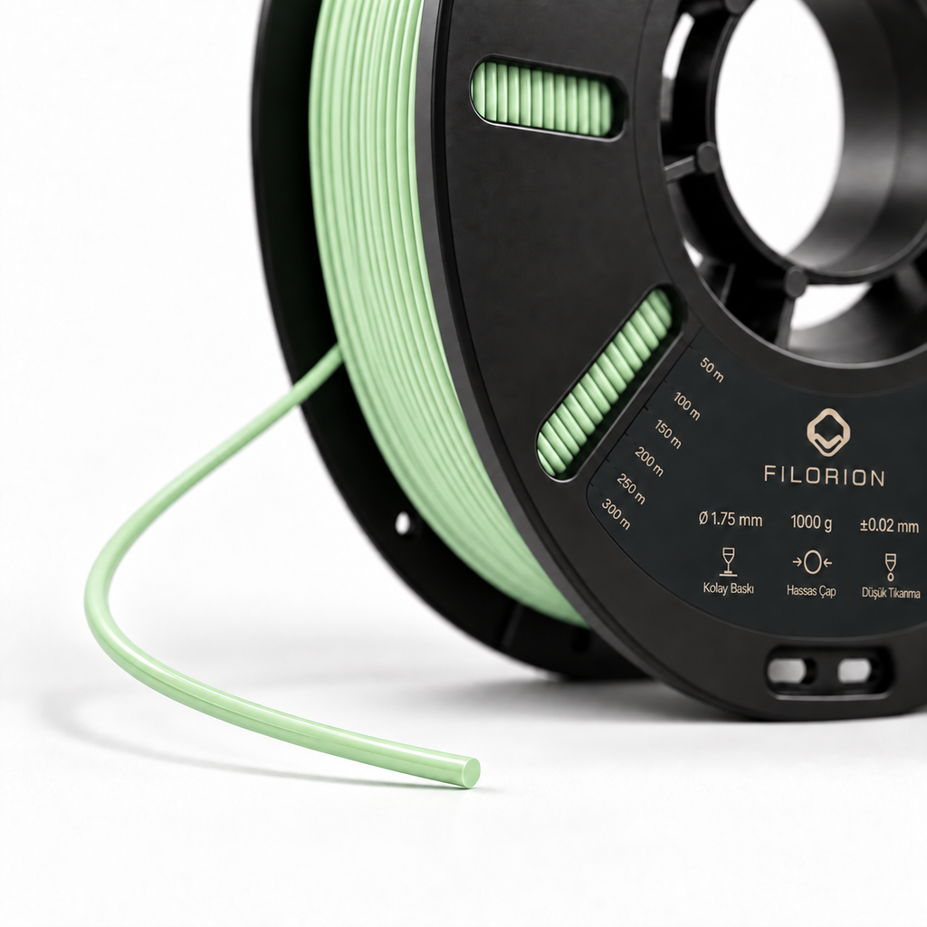 Filorion Reference PLA Pro Pastel Yeşil, 1.75 mm, 1 kg — makara ve filament ucu yakın görünümü