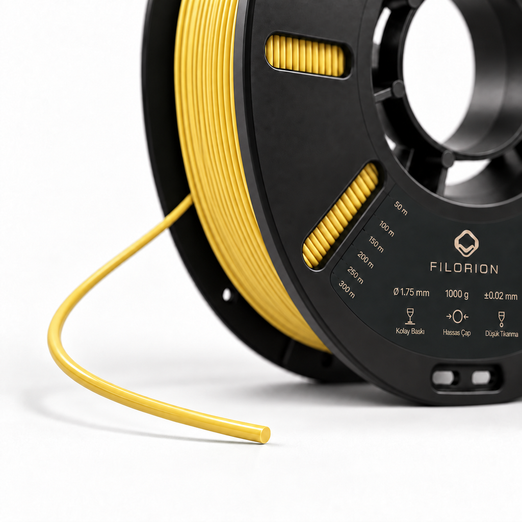 Filorion Reference PLA Pro Sarı, 1.75 mm, 1 kg — makara ve filament ucu yakın görünümü