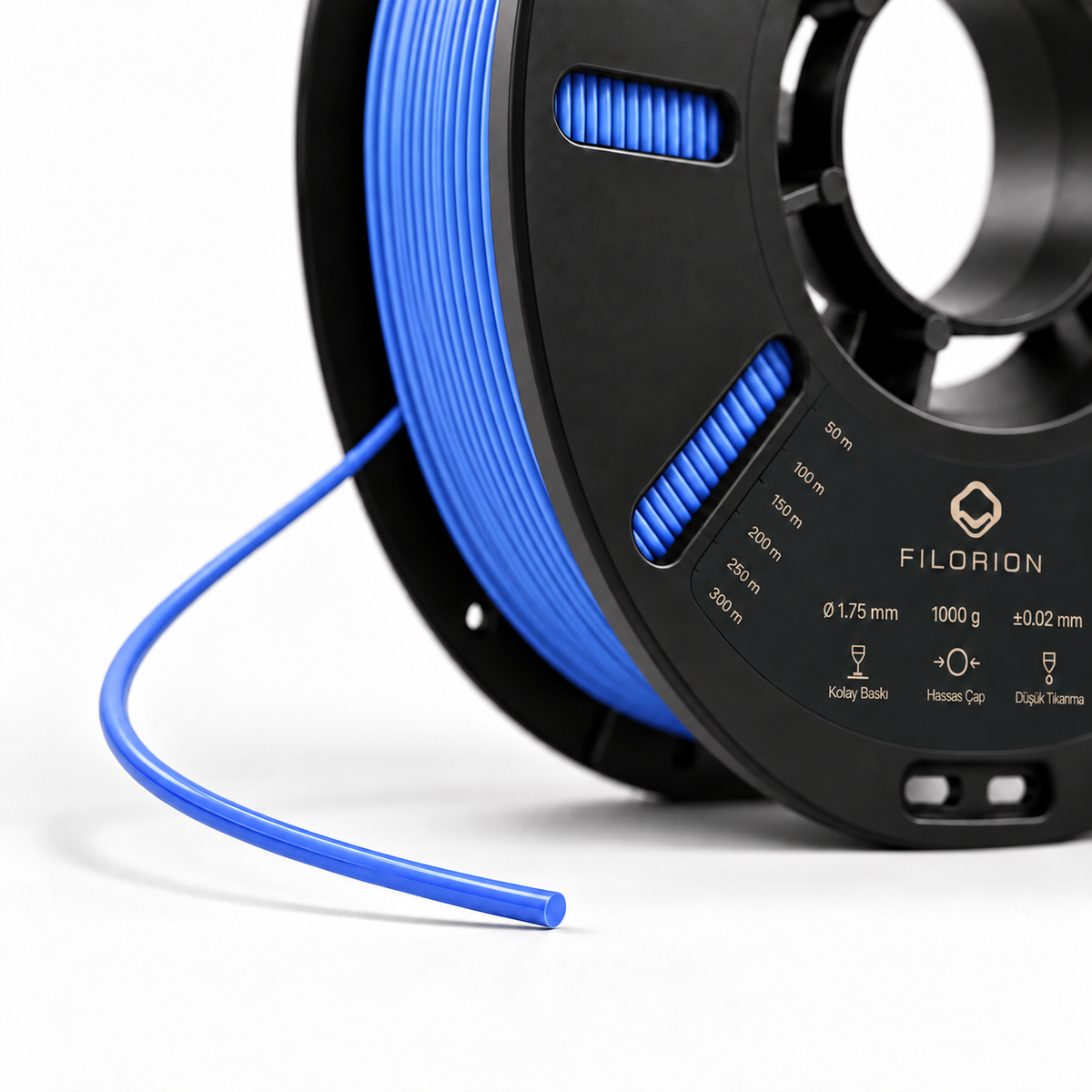Filorion Reference PLA Pro Sedefli Mavi, 1.75 mm, 1 kg — makara ve filament ucu yakın görünümü
