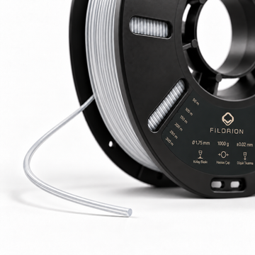 Filorion Reference PLA Pro Şeffaf, 1.75 mm, 1 kg — makara ve filament ucu yakın görünümü
