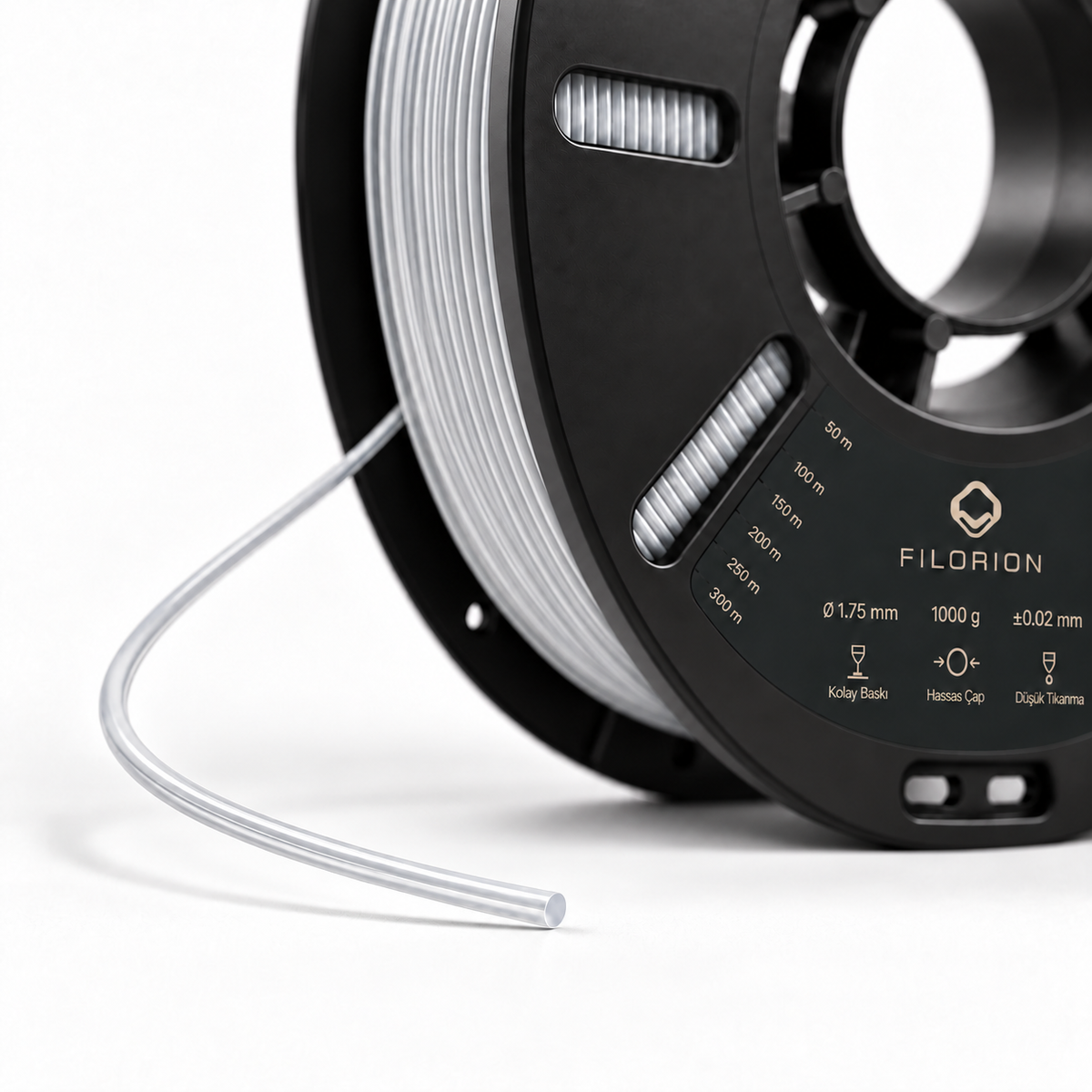 Filorion Reference PLA Pro Şeffaf, 1.75 mm, 1 kg — makara ve filament ucu yakın görünümü