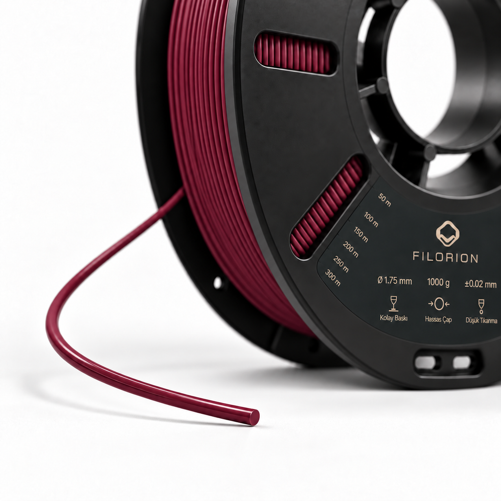 Filorion Reference PLA Pro Vişne Çürüğü, 1.75 mm, 1 kg — makara ve filament ucu yakın görünümü